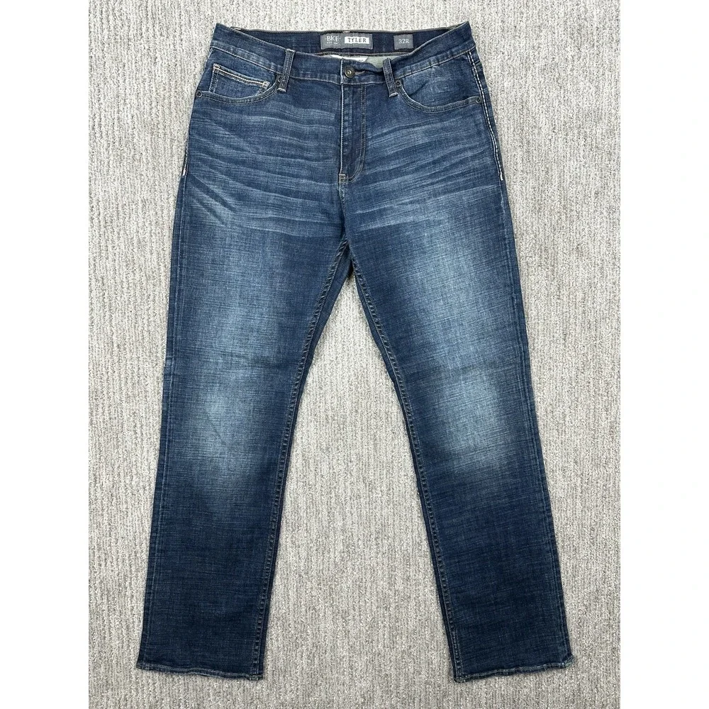 BKE Tyler Jeans Mens 32R (Fits 32x32) Blue Straight Leg Distressed Denim Stitch
